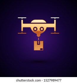 Gold Delivery drone with the package icon isolated on dark blue background. Drone delivering cardboard box.  Vector Illustration
