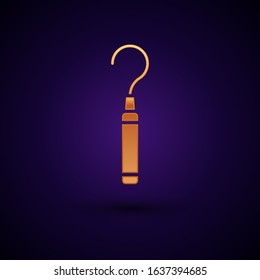 Gold Dental explorer scaler for teeth icon isolated on dark blue background.  Vector Illustration