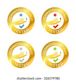 Gold Dermatologically Tested Round Badges, Set of Bright Stickers Isolated on White