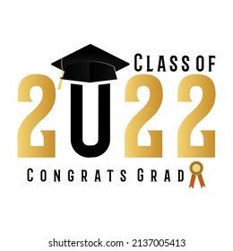 Gold design for the 2022 graduation ceremony. Class of 2022. Congratulations to the graduates. typography design templates for shirts, stamps, logos, cards, invitations, etc. Vector illustration.