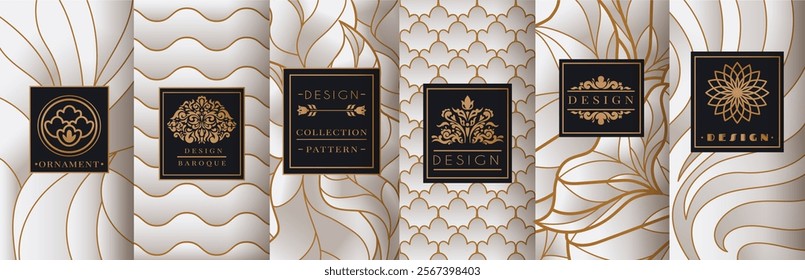 Gold design background. Label golden pattern. Wine package. Floral box logo. Marble premium texture. Leaves ornament. Beauty modern frame. Curve lines print. Baroque sticker. Vector tidy borders set