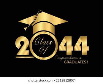 Goldenes Design auf schwarzem Hintergrund für 2044. Herzlichen Glückwunsch Graduierten Typografie-Design-Vorlage für Hemd, Stempel, Logo, Karte, Einladung etc. Vektorgrafik
