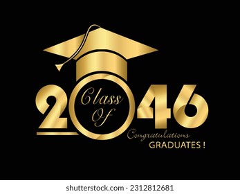 Gold design in black background for 2046. Congratulations graduates typography design template for shirt, stamp, logo, card, invitation etc. Vector illustration