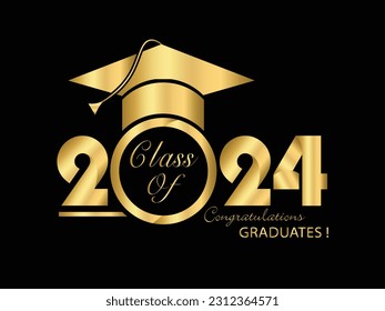 Gold design in black background for graduation ceremony. Class of 2024. Congratulations graduates typography design template for shirt, stamp, logo, card, invitation etc. Vector illustration