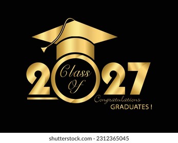Gold design in black background for graduation ceremony. Class of 2027. Congratulations graduates typography design template for shirt, stamp, logo, card, invitation etc. Vector illustration