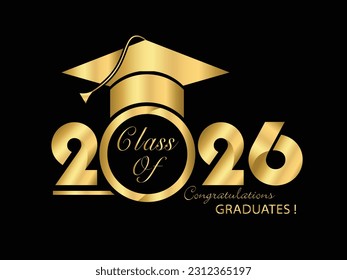 Gold design in black background for graduation ceremony. Class of 2026. Congratulations graduates typography design template for shirt, stamp, logo, card, invitation etc. Vector illustration