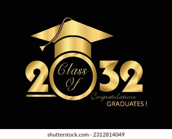 Gold design in black background for graduation ceremony. Class of 2032. Congratulations graduates typography design template for shirt, stamp, logo, card, invitation etc. Vector illustration svg