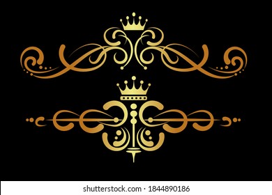 Elementos de diseño dorado sobre fondo negro, estilo real adorno, antigüedades, vintage, imagen vectorial