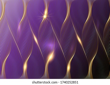 Elementos de diseño dorado. Ola de muchas líneas brillantes. Resumen de rayas onduladas sobre fondo morado aisladas. Arte de línea creativa. Ilustración vectorial estilo deco para invitación de boda, plantilla de lujo