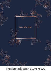 Gold design frame with roses. Save the date card. Vector illustration.
