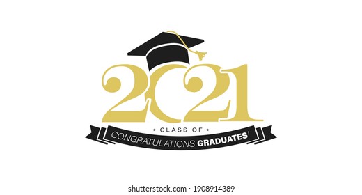 Gold design for graduation ceremony. Class of 2021. Congratulations graduates typography design template for shirt, stamp, logo, card, invitation etc. Vector illustration