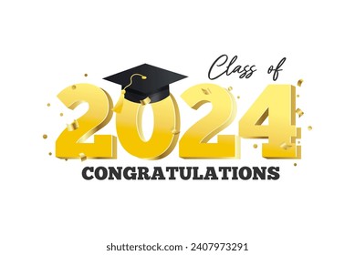 Gold design for graduation ceremony. Class of 2024. Congratulations graduates typography design template for shirt, stamp, logo, card, invitation etc. Vector illustration