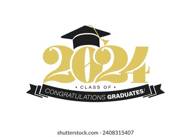 Diseño de oro para la ceremonia de graduación. Clase de 2024. Enhorabuena plantilla de diseño tipográfico para camisa, sello, logotipo, tarjeta, invitación, etc. Ilustración vectorial