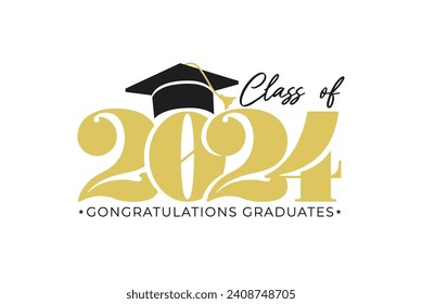 Gold design for graduation ceremony. Class of 2024. Congratulations graduates typography design template for shirt, stamp, logo, card, invitation etc. Vector illustration