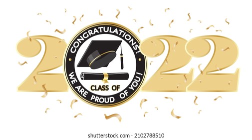 Gold Design For Graduation Ceremony. Congratulations Class Of 2022! We Are Proud Of You! Congratulations Graduates Typography Design Template For Card, Party, Ceremony Invitation Etc. Vector Banner