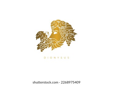 Gold design logo for Dionysus, the ancient Greek god of wine, vegetation, pleasure, festivity, madness and wild frenzy. Vector file for any resolution without losing its quality.