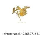 Gold design logo for Hermes, the ancient Greek god of herds, travelers, roads, trade, diplomacy, writing, astronomy and astrology. Vector file for any resolution without losing its quality.