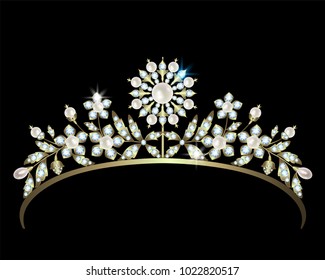 gold diadem decorated with diamonds and pearls on a black background