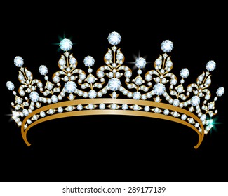 Gold diadem with diamonds on black background