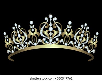 Gold diadem with diamonds on black background