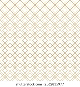 Gold diagonal line seamless pattern, intersecting grid linear pattern tile with squares rhombus and diamonds on white background.