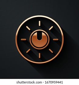 Gold Dial knob level technology settings icon isolated on black background. Volume button, sound control, analog regulator. Long shadow style. Vector Illustration