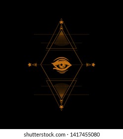 The gold diamond with all seeing eye on the black backgroud. Isolated illustration. The masonic symbol for print t shirt, tattoo art, coloring book pages. The geometric sign for meditation. Magic look