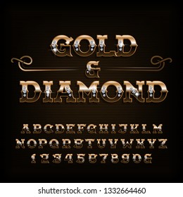 Gold & diamond alphabet font. Ornate golden letters and numbers with diamond gemstone. Stock vector typescript for your design.