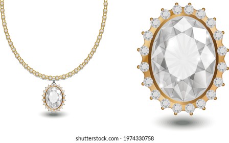 gold and diamond with a big diamond centered necklace Jewelry for girls fashion style women diamonds in the chain with white background eps 10