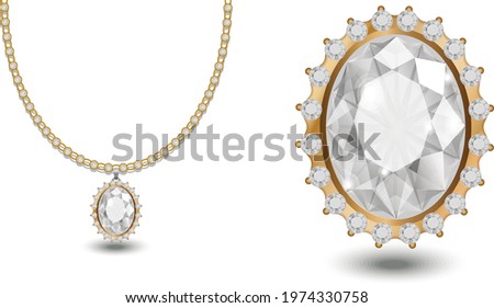 gold and diamond with a big diamond centered necklace Jewelry for girls fashion style women diamonds in the chain with white background eps 10