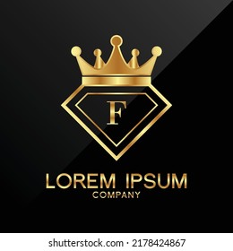 Gold Diamond and Crown F Letter Logo Design vector Template