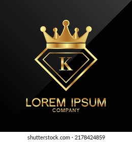 Gold Diamond and Crown K Letter Logo Design vector Template