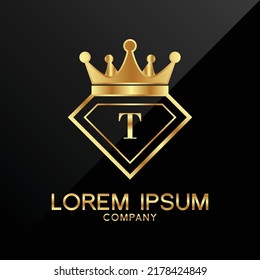 Gold Diamond and Crown T Letter Logo Design vector Template