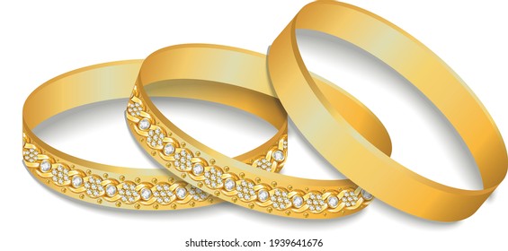 Gold diamond cut bangles with flower chain jewels vector eps 10 file