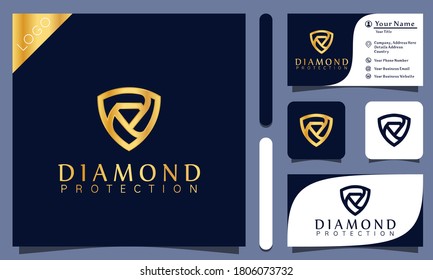 Gold diamond guard shield logos design vector illustration with line art style vintage, modern company business card template