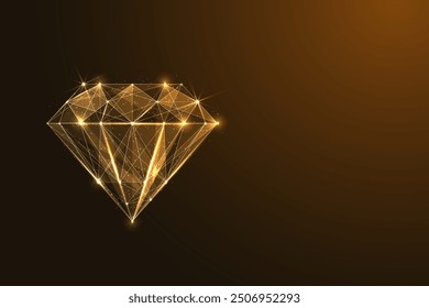 Gold diamond isolated on dark brown background. The design highlights luxury, elegance, emphasizes wealth and premium sophistication. Rdiant, high-end aesthetic. Abstract vector illustration