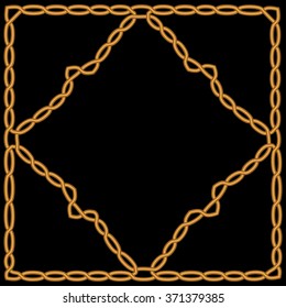 Gold diamond patterned woven tops in a frame with an ornament in Celtic or Arabic, oriental style on a black background
