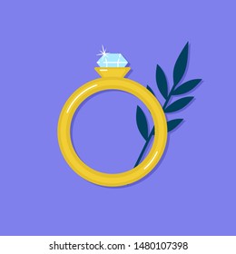 Gold diamond ring with branch on the blue background vector fashion illustration