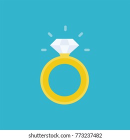 Gold diamond ring icon, flat design