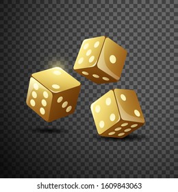 Gold dice on isolated transparent black background. Vector illustration 