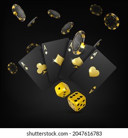 Gold dices black playing cards four aces and falling poker chips. Casino big win poster. 3d design element for gambling banner. Vector illustration