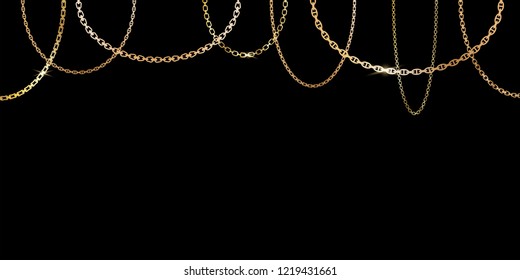 Gold different chains hanging on a black background. Vector.