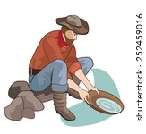 Gold Digger Cowboy Search Gold Vector. Golden Fever. America History Color Illustration. Manual Extraction Of Gold. Seeker Of Adventures. 