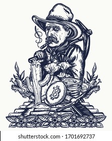 Gold digger. Cryptocurrency. Mining of bitcoins. Old cowboy in hat. Ancient treasures of Maya civilization. Golden rush concept. Wild West tattoo and t-shirt design. Western art 