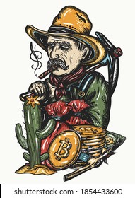 Gold digger. Cryptocurrency. Mining of bitcoins. Old cowboy in hat. Wild West tattoo and t-shirt design. Western art