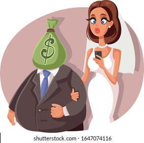 Gold Digger Marrying Sugar Daddy Vector Cartoon. Younger Bride And Wealthy Older Groom Tying The Knot
