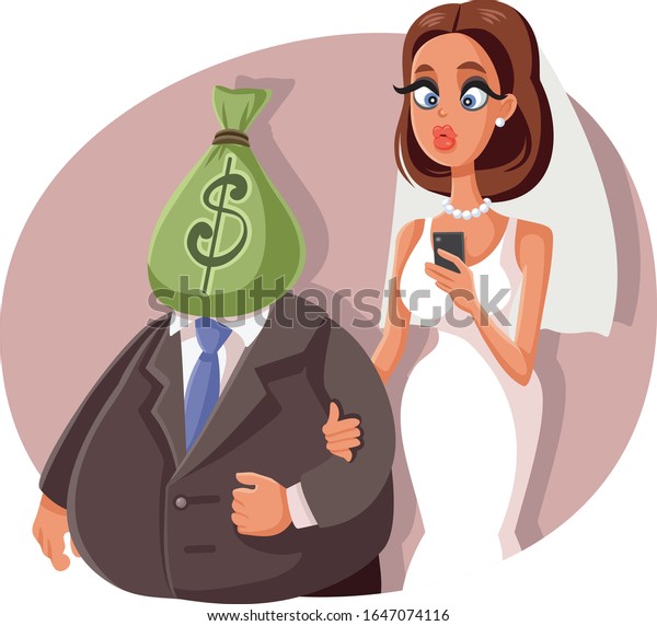 Gold Digger Marrying\
Sugar Daddy Vector Cartoon. Younger bride and wealthy older groom\
tying the knot\
