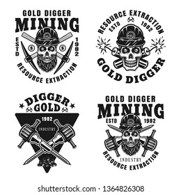 Gold digger and resource extraction set of four vector monochrome emblems, badges, labels or logos in vintage style isolated on white background