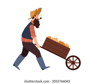 Gold digger or treasure hunter male cartoon character pushing trolley with gold, flat vector illustration isolated on white background. Gold excavation and mining.