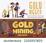 Gold diggers have found gold mine in wild west. Banners with western prospectors looking for nuggets and treasures using various tools in flat vector illustration isolated on background